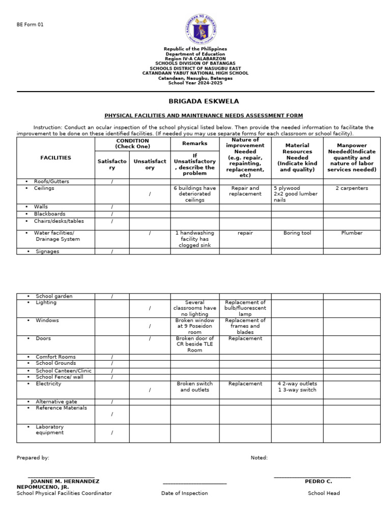 Brigada Eskwela Facilities Assessment Form | PDF | Building Engineering