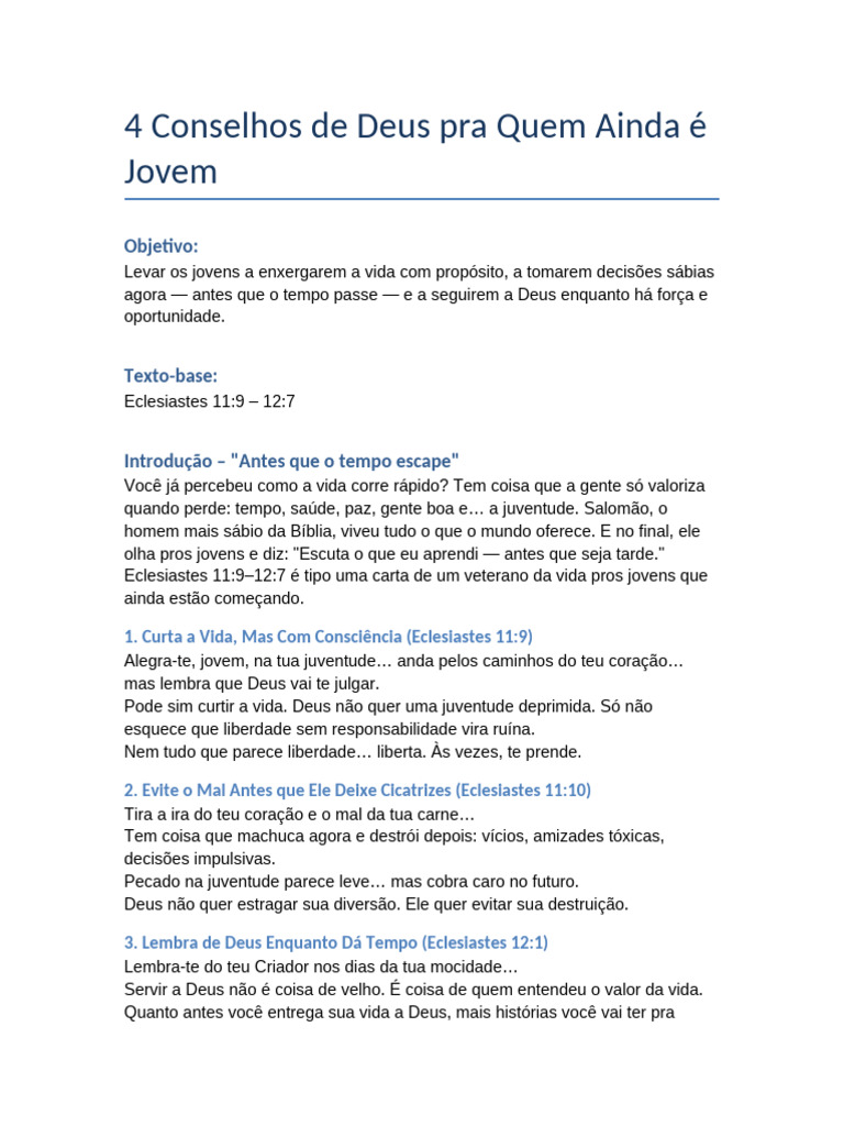 Conselhos de Deus para Jovens | PDF | Eclesiastes | Deus