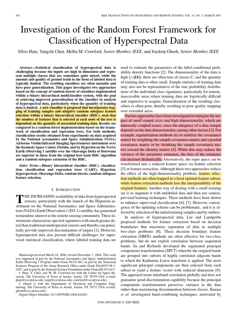 Random Forests for Hyperspectral Classification | PDF | Statistical ...