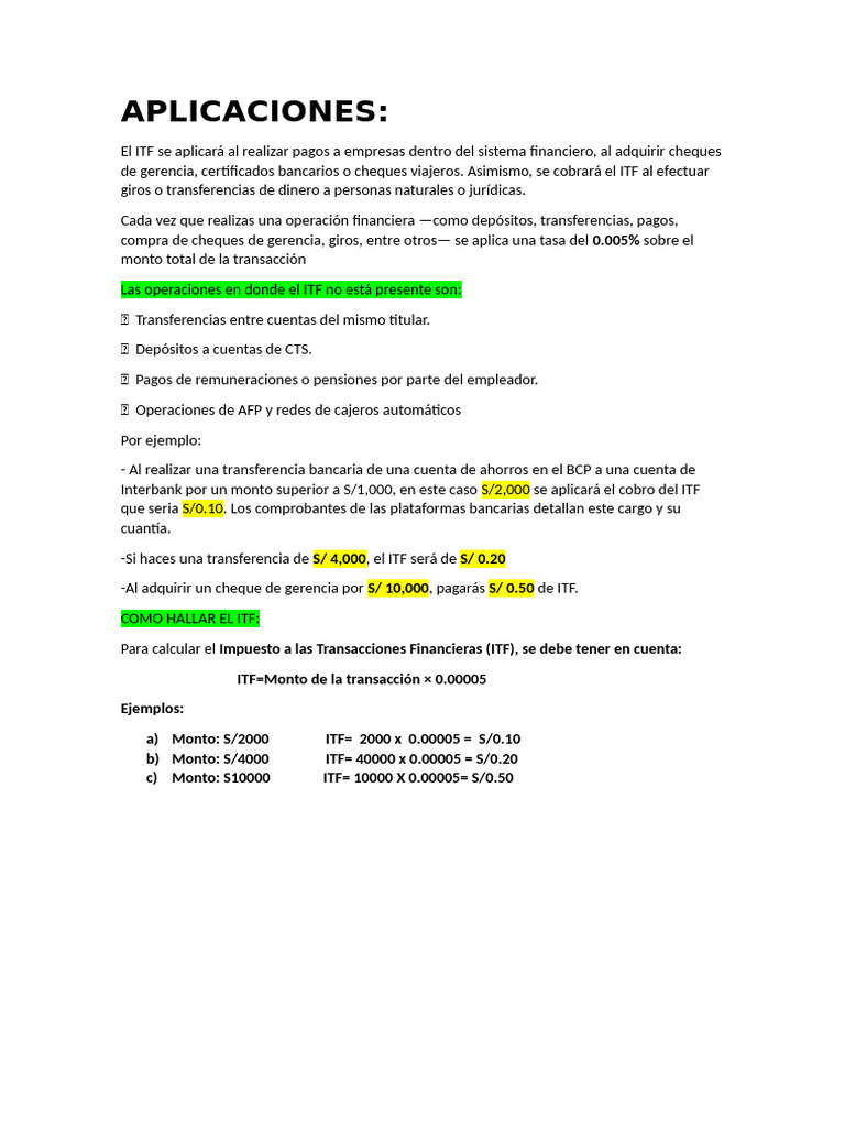 Cómo calcular el ITF en transacciones | PDF
