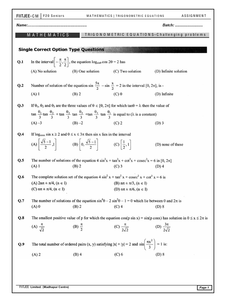 Trigonometric Equations Assignment | PDF
