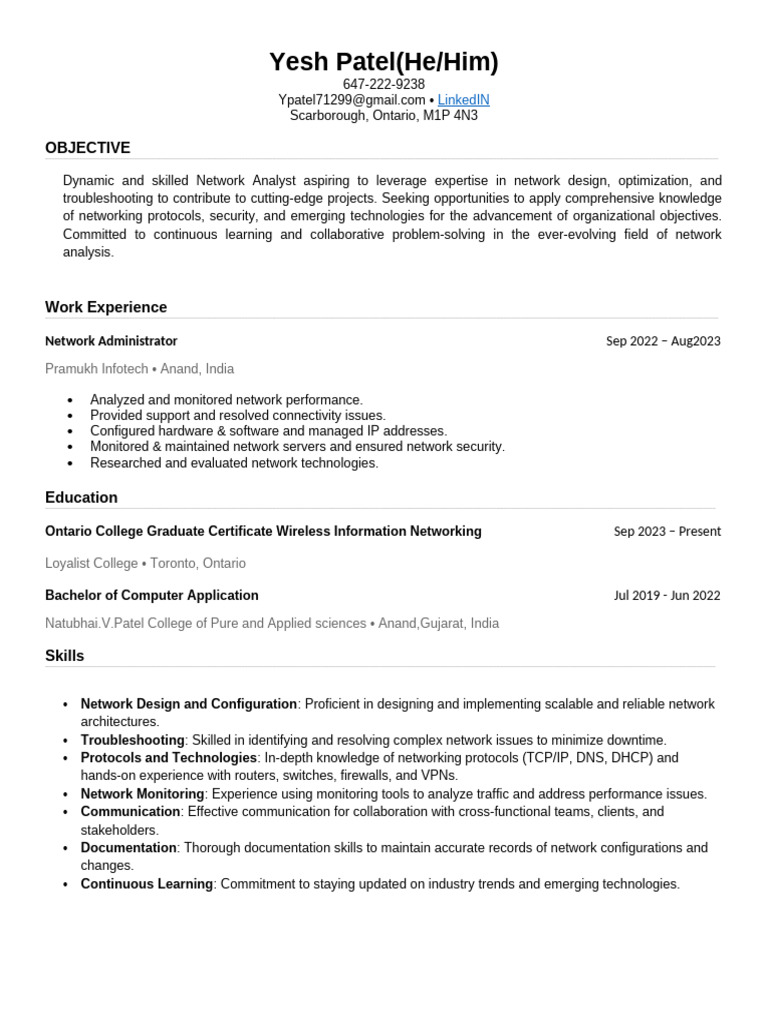 Network Analyst Resume of Yesh Patel | PDF | Computer Network | Ip Address