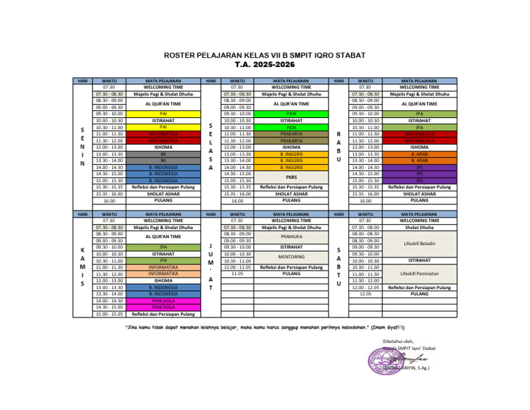 Roster Pelajaran Kelas VII SMPIT Iqro | PDF