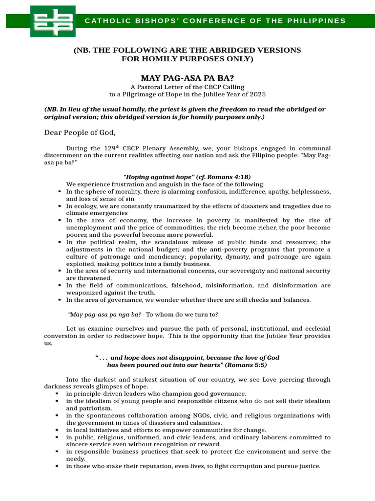 Pilgrimage of Hope: CBCP Pastoral Letter | PDF | Mary, Mother Of Jesus ...