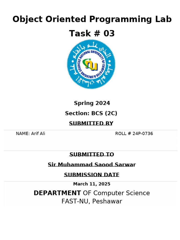 24P 0736 Arif Ali OOPLab Task 3 | PDF