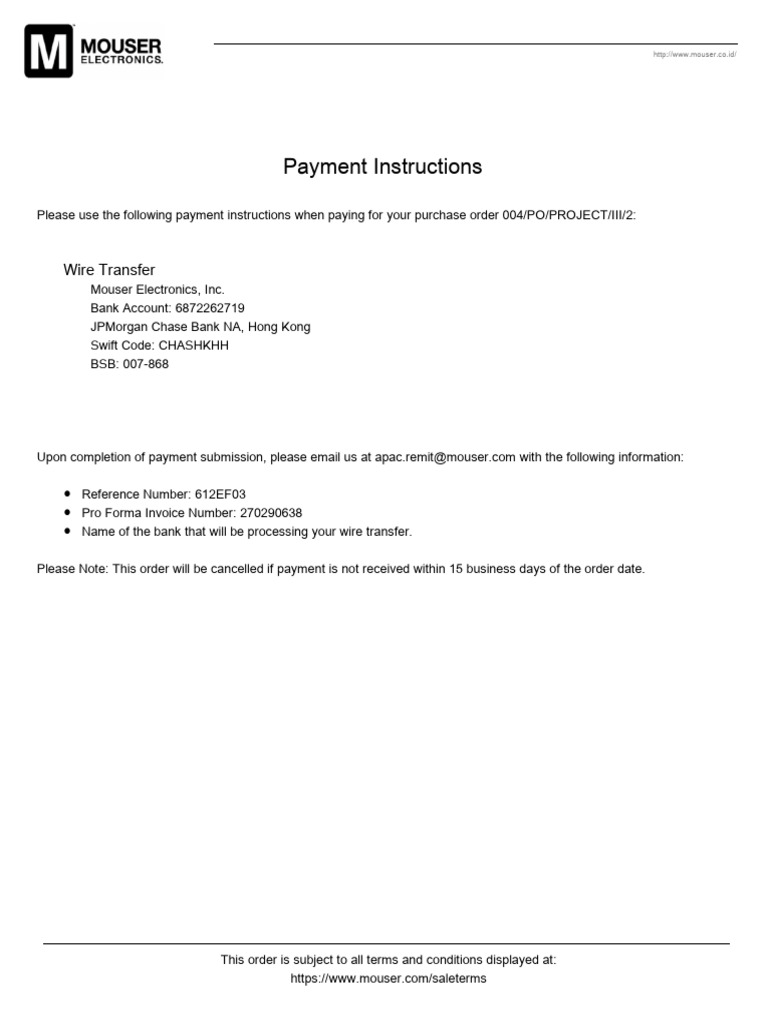 Mouser Payment Instructions and Details | PDF | Money | Payments