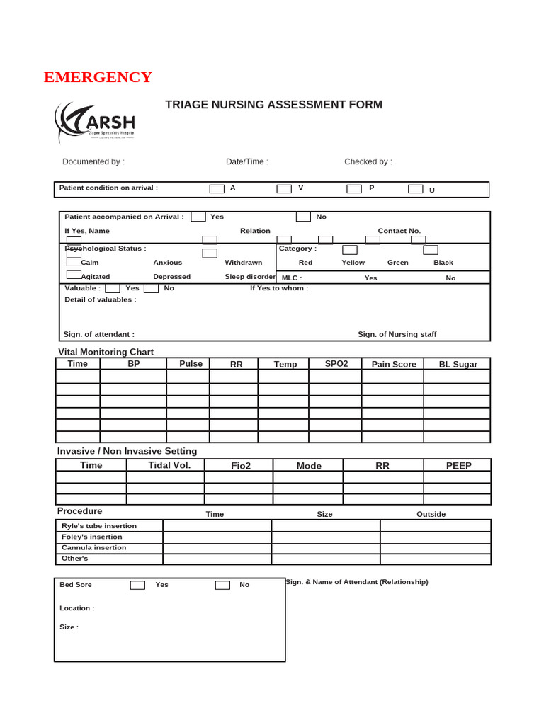 Triage Nursing Assessment Form Template | PDF