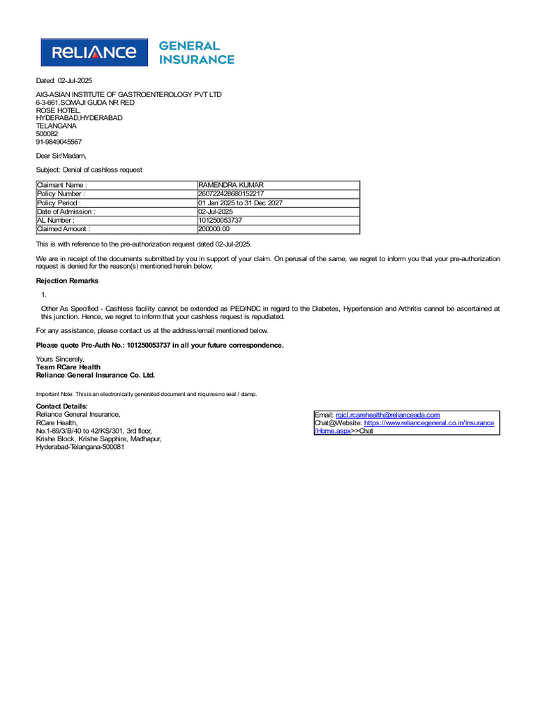 Rejection Remarks: Important Note: This Is An Electronically Generated ...
