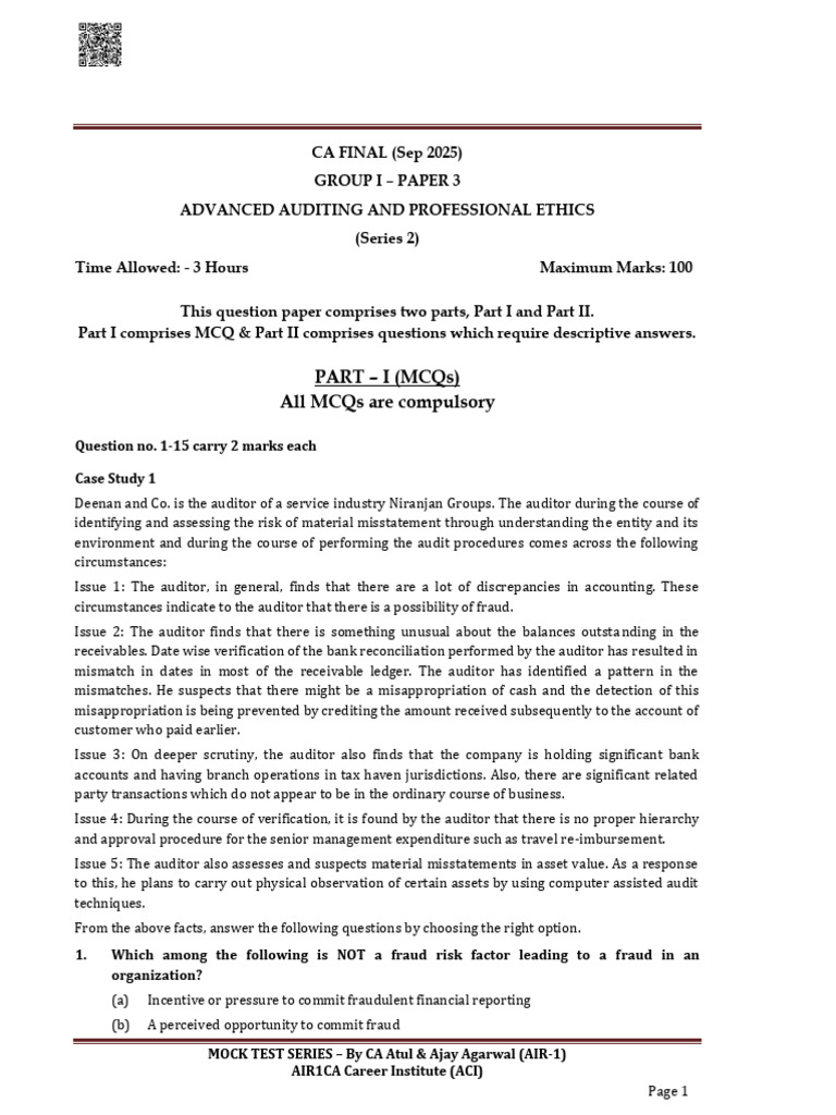 Advanced Auditing Mock Test Paper | PDF | Audit | Internal Control