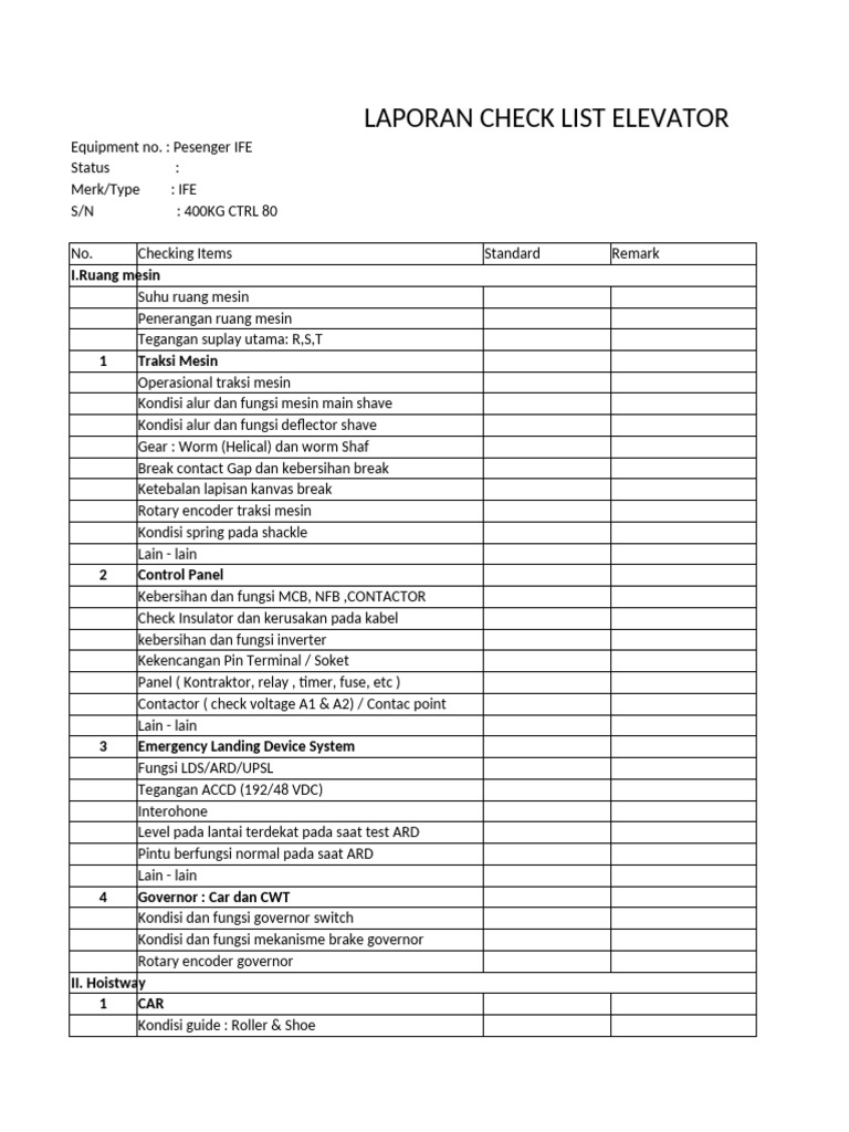 Laporan Checklist Elevator IFE 400KG | PDF