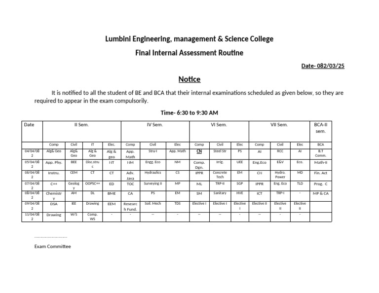BCA 8th Sem Exam Routine 2082 | PDF