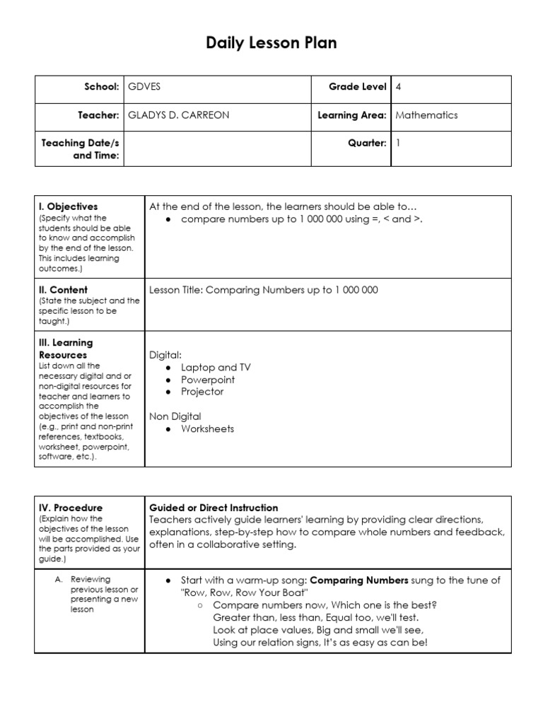Comparing Numbers Lesson Plan For Grade 4 Pdf Lesson Plan Learning