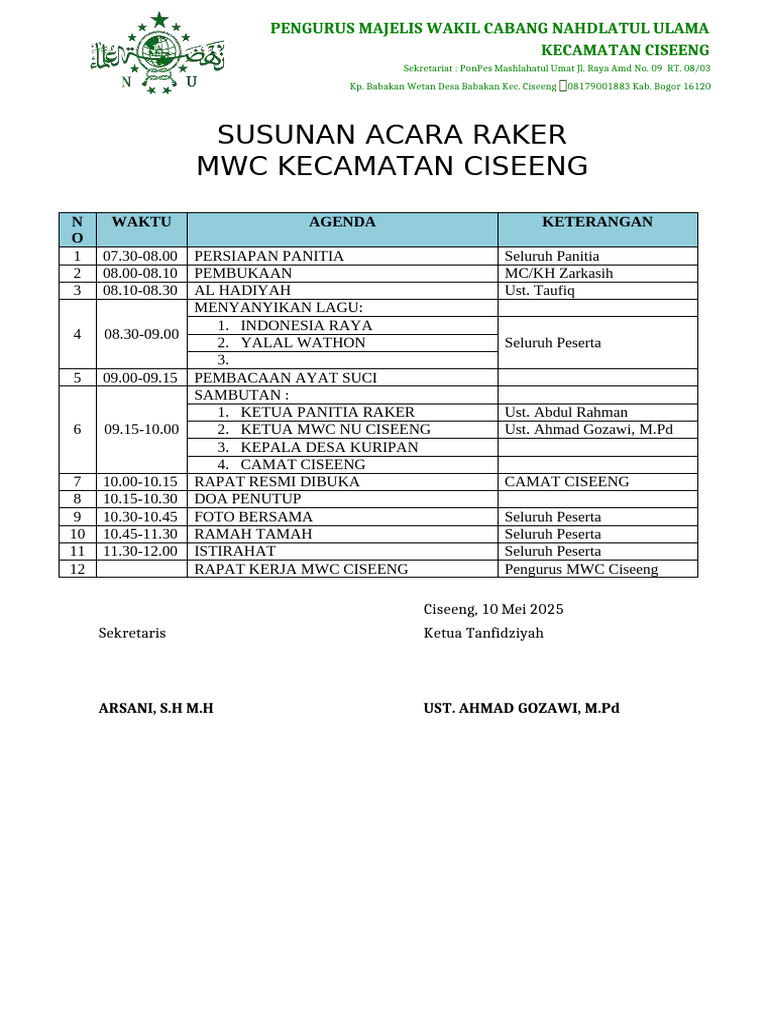 Susunan Acara Raker MWC NU Ciseeng | PDF