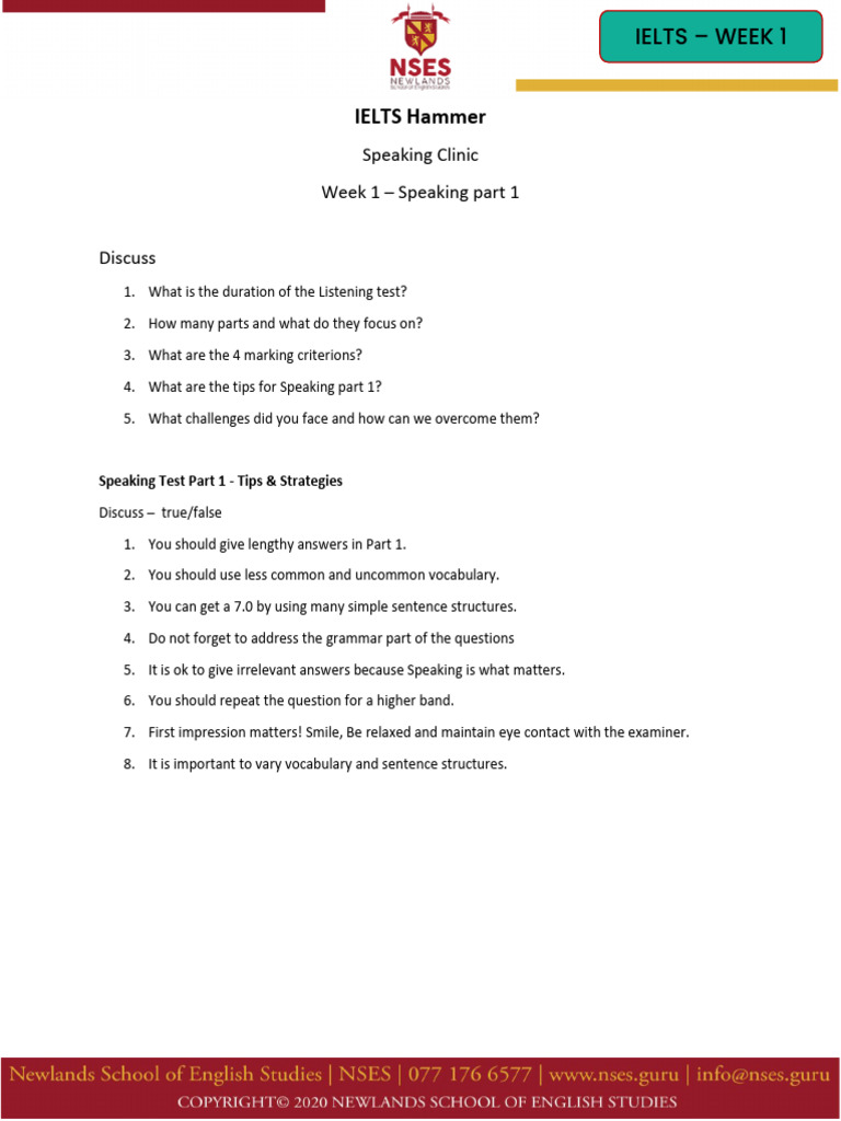 IELTS Speaking Part 1 Strategies | PDF | International English Language ...