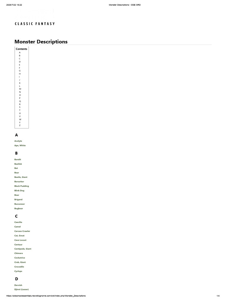 OSE Monster Descriptions Guide | PDF | Monsters