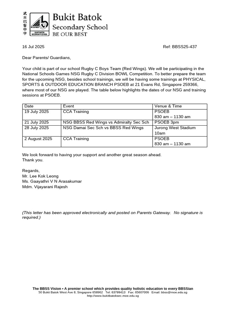 PG Letter - NSG Dates and Trainings at PSOEB - C Div-2 | PDF
