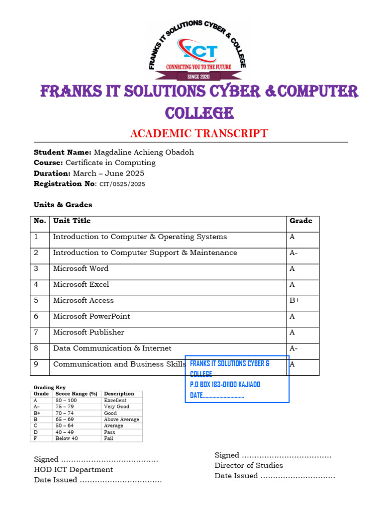 Academic Transcript for Magdaline Obadoh | PDF