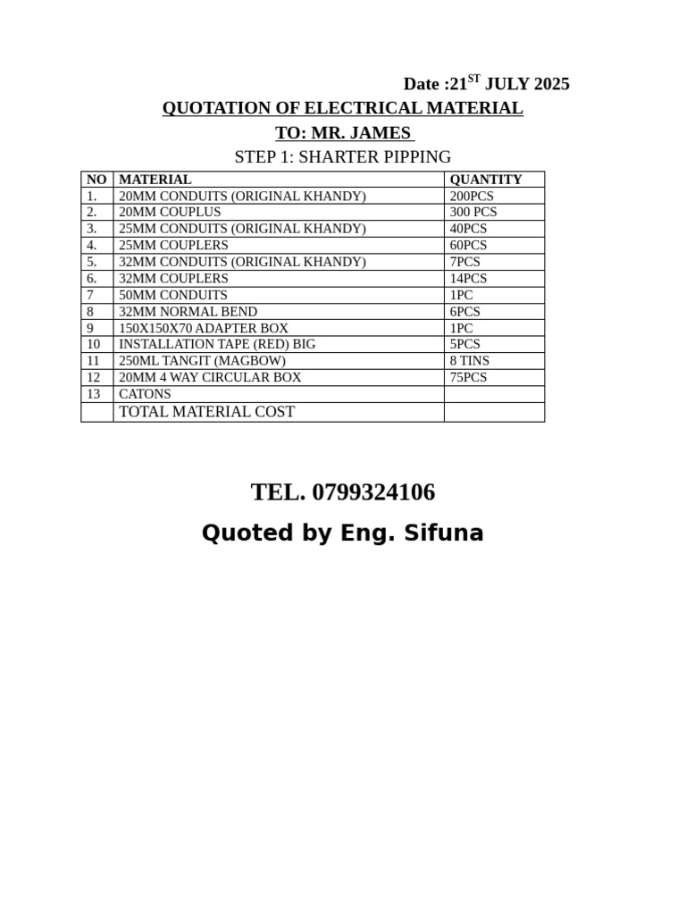 Electrical Material Quotation 2025 | PDF