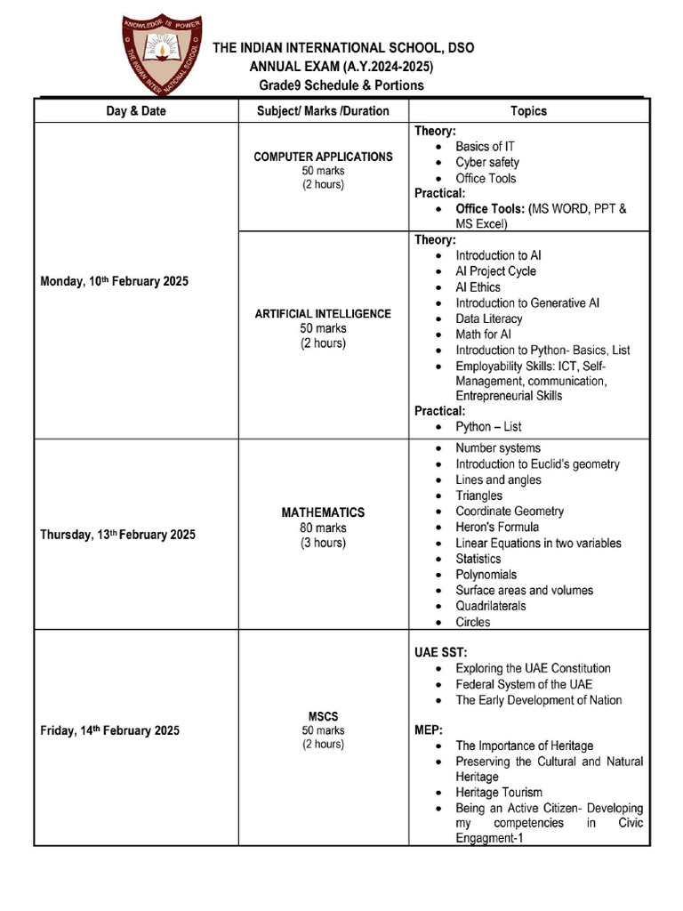 Grade 9 - Annual Exam - Schedule & Portion 2024-2025 Final | PDF