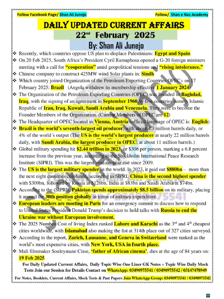 22nd Feb 2025 Current Affairs | PDF