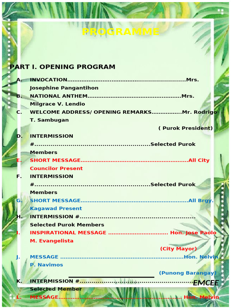Purok Opening Program Agenda | PDF