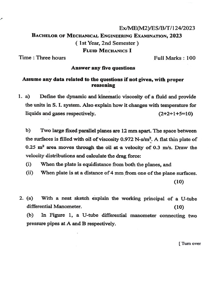 Fluid Mechanics 2023 | PDF | Pressure | Fluid Dynamics