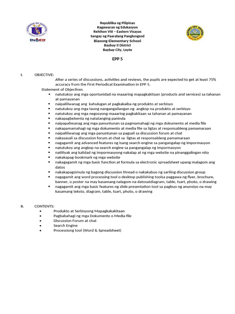 Summative Test EPP5 1st Quarter | PDF