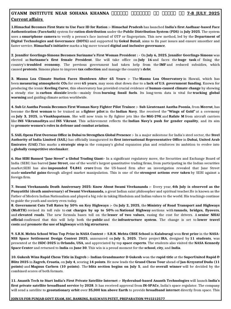 Current Affairs Highlights - July 2025 | PDF