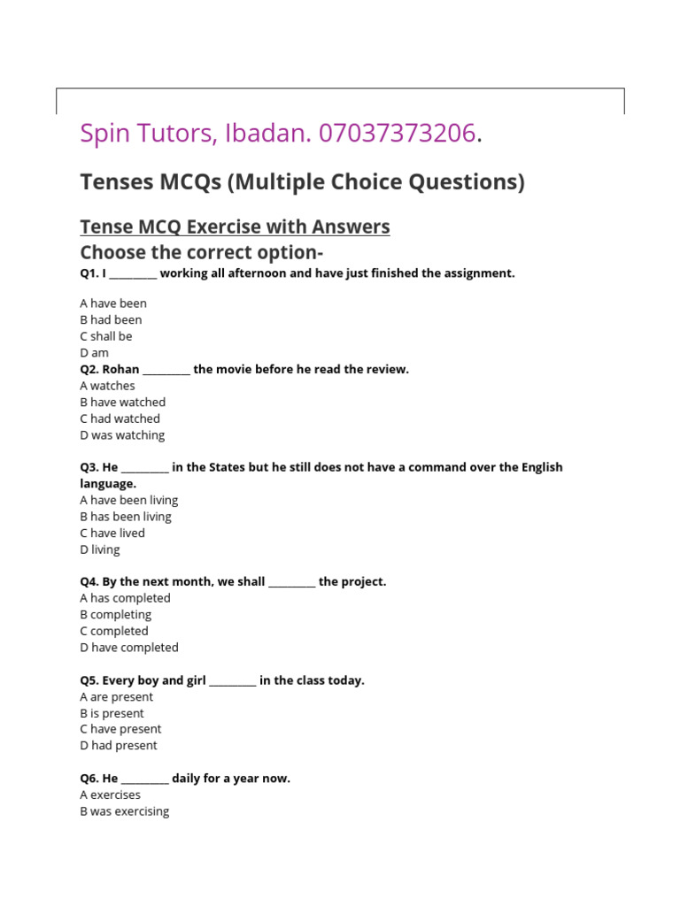 Tenses MCQs with Answers for Practice | PDF | Grammatical Tense | Verb