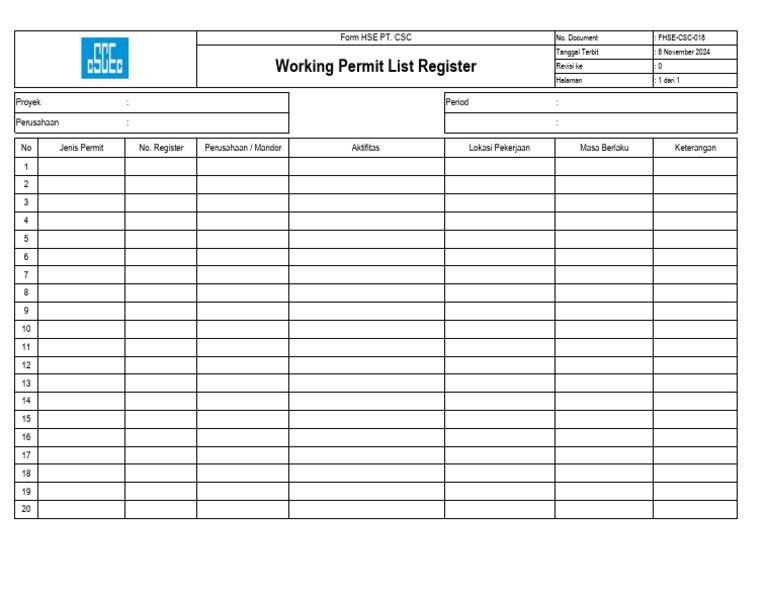 Daftar Izin Kerja HSE PT. CSC | PDF