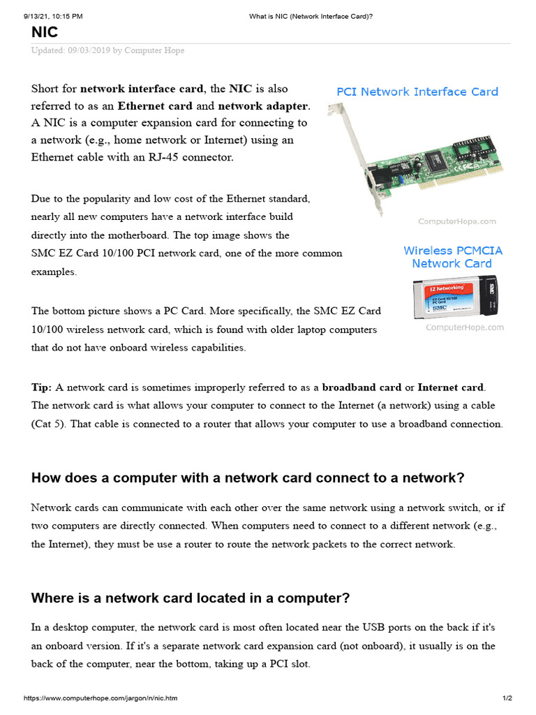 What is NIC (Network Interface Card) | PDF | Network Interface ...