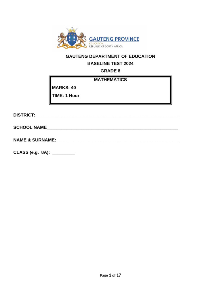 Grade 8 Mathematics Baseline Test 2024 | PDF | Shape | Triangle