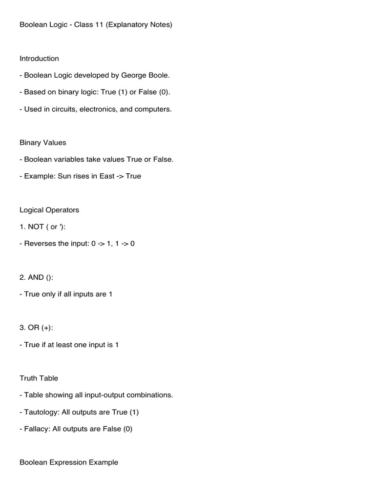 Class 11 Boolean Logic Notes | PDF