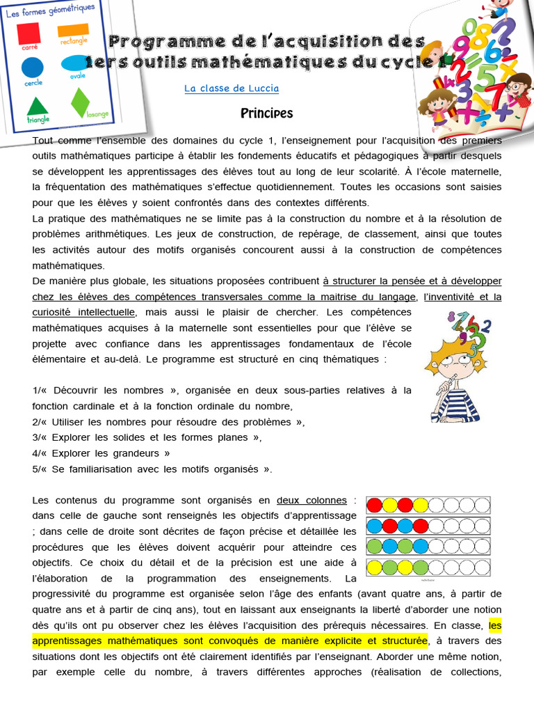Outils mathématiques pour le cycle 1 | PDF | Mathématiques | Apprentissage
