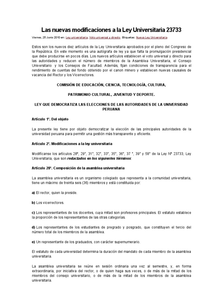 Las Nuevas Modificaciones A La Ley Universitaria 23733 PDF