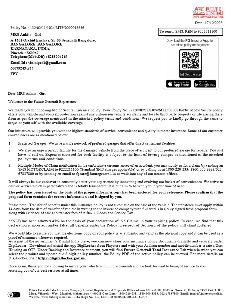 Future Generali Motor Insurance Policy Confirmation | PDF | Insurance ...