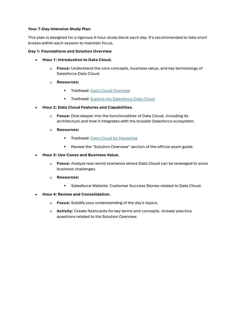 7-Day Salesforce Data Cloud Study Plan | PDF