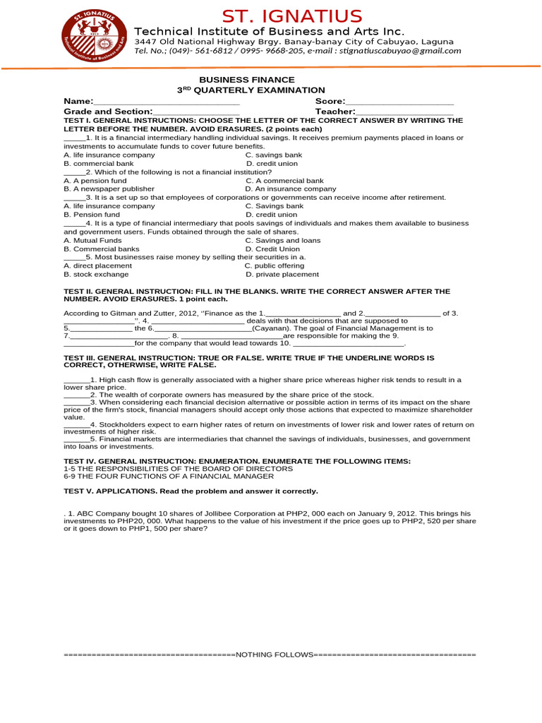 Business Finance Quarterly Exam Guide | PDF | Investing | Stocks