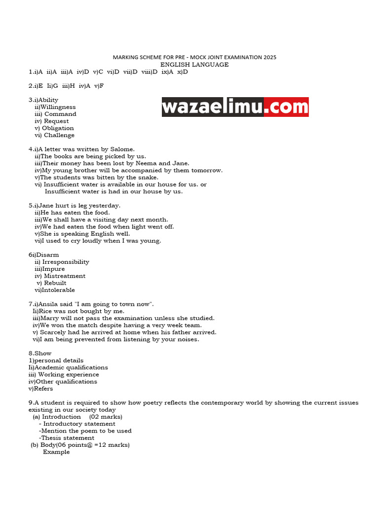 Pre-Mock Exam English Marking Scheme 2025 | PDF