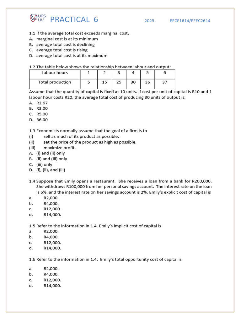 Microeconomics Practice Questions | PDF | Marginal Cost | Average Cost