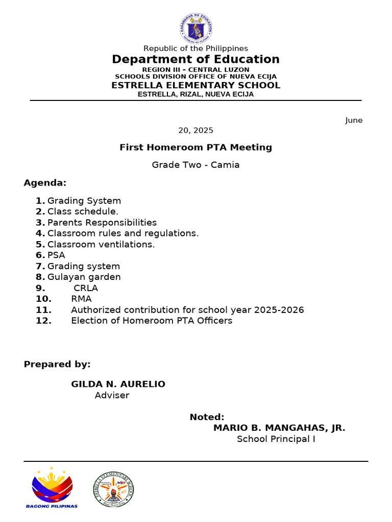 Grade Two PTA Meeting Agenda | PDF