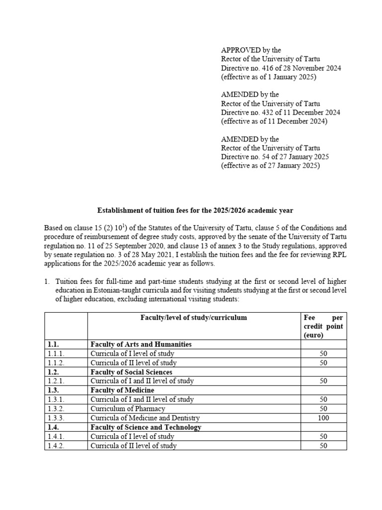 Effective As of 27 January 2025 Establishment of Tuition Fees For The ...