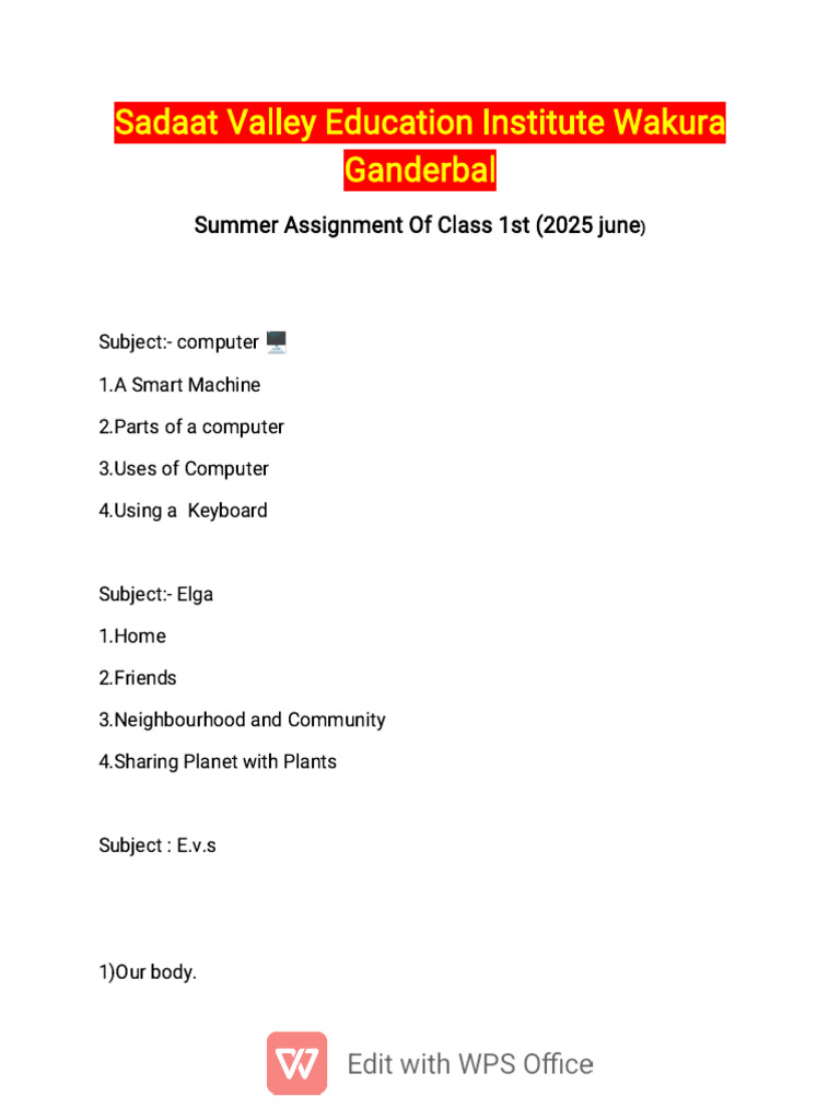 Summer Assignments for Class 1 Students | PDF
