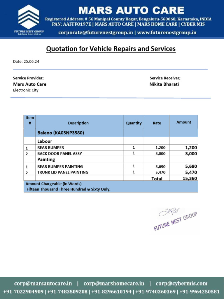 Vehicle Repair Quotation Breakdown | PDF