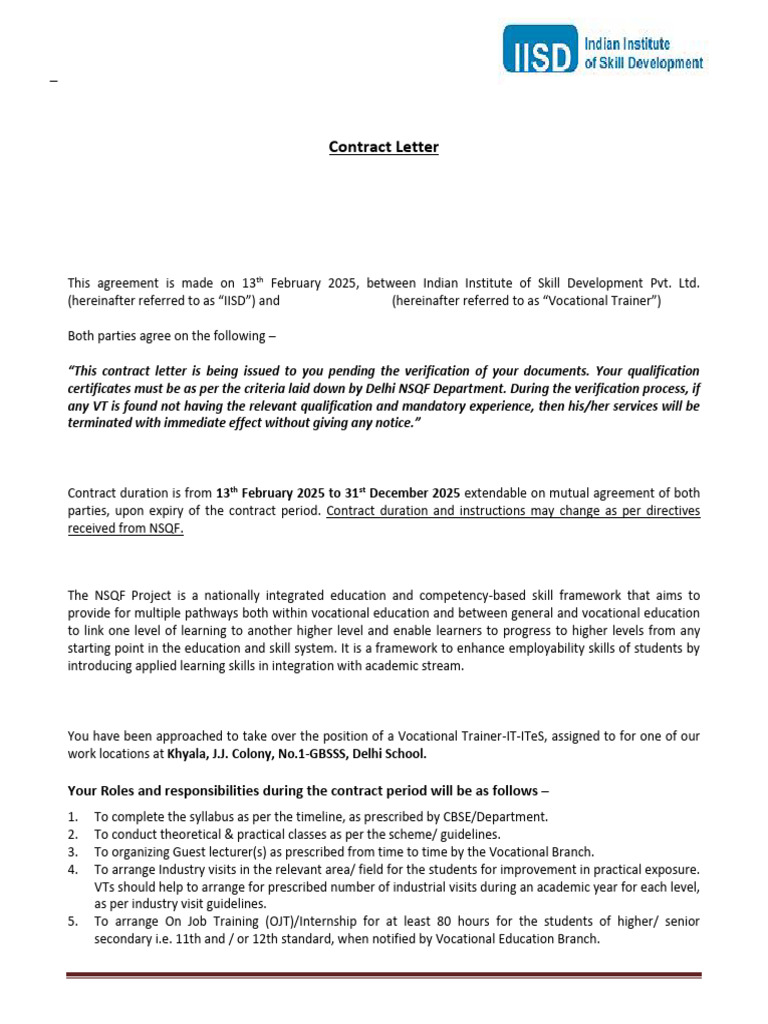 Contract for Vocational Trainer Role | PDF | Vocational Education ...