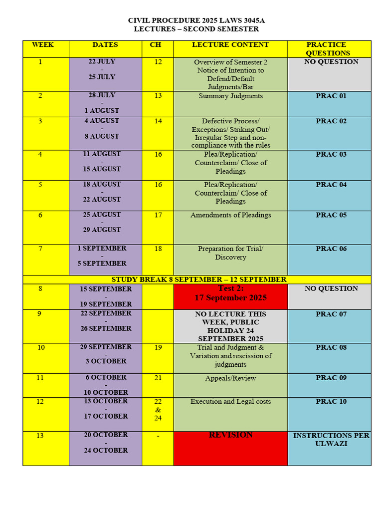 Civil Procedure 2025 Lecture Schedule | PDF | Legal Procedure | Civil ...