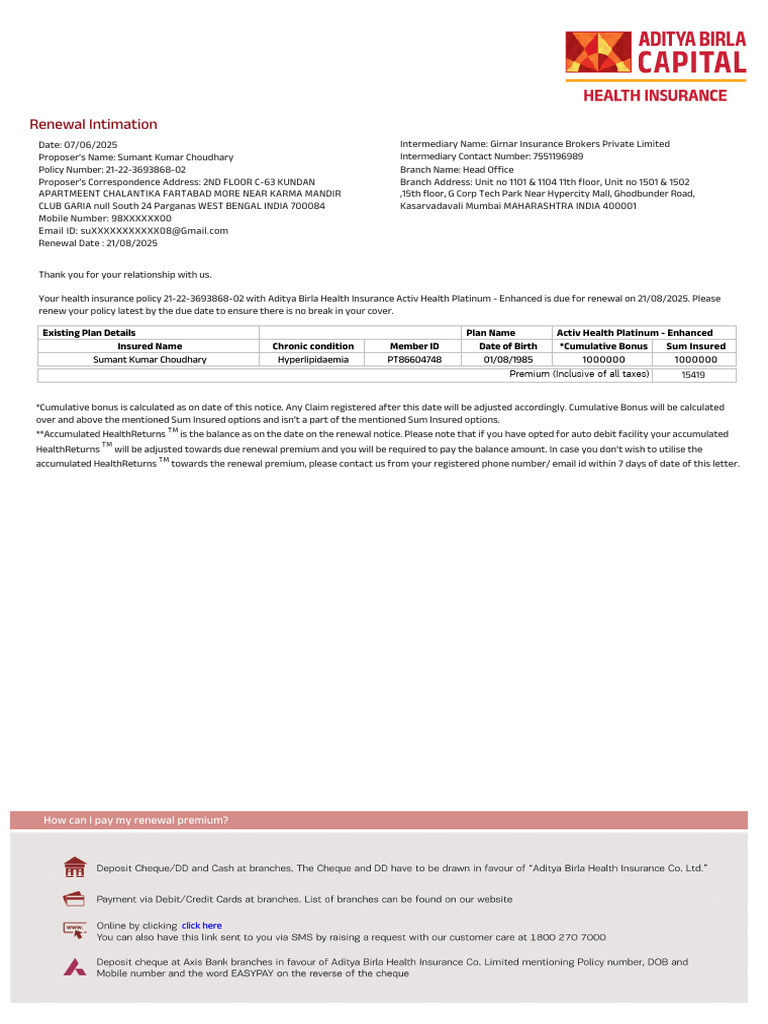 Aditya Birla Policy Renewal Notice | PDF | Insurance | Underwriting