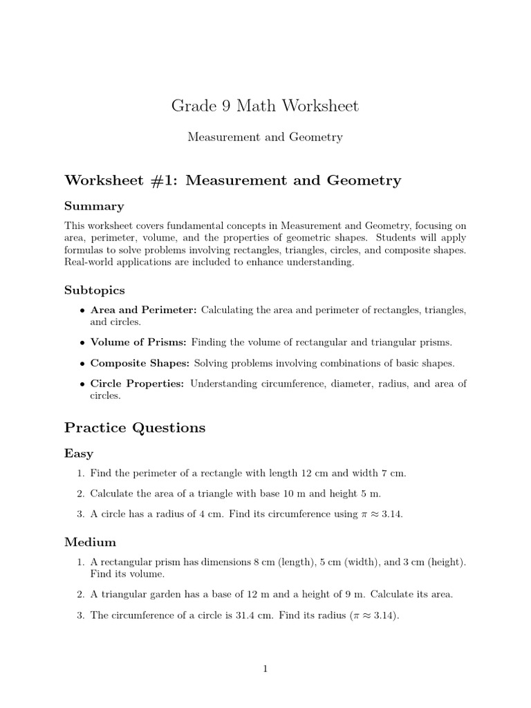 Grade 9 Measurement & Geometry Worksheet | PDF