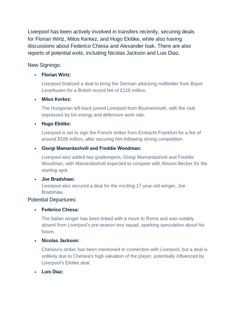 Liverpool's Latest Transfer Activity | PDF