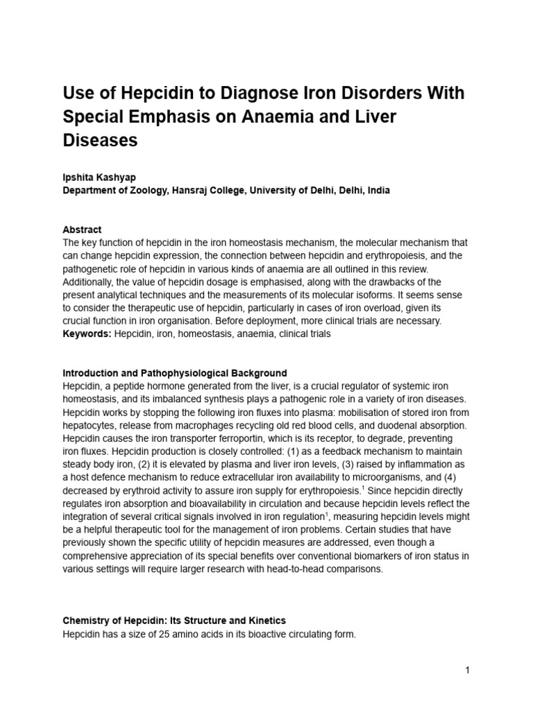 Use of Hepcidin To Diagnose Iron Disorders With Special Emphasis On ...